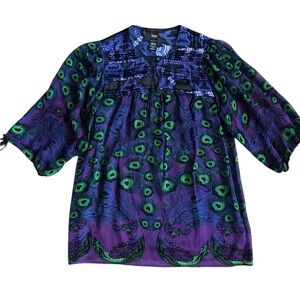 Custo Barcelona Blouse Top Women 1 US S 100% Silk Peacock Purple Black Green